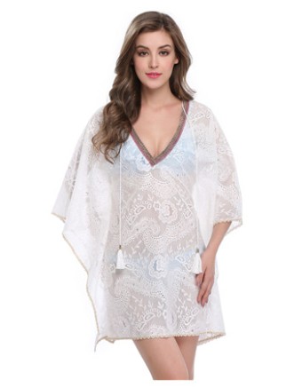 Newest V Neck Sexy Summer Embroidery White Beach Cover Ups Dress
