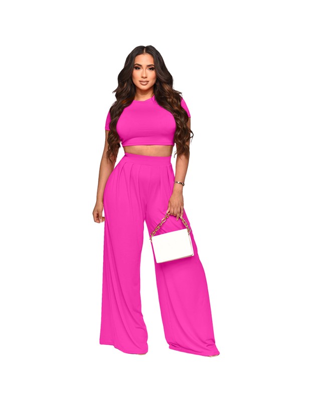 Fashion Crop Solid Color Wide Leg Pants Two Sets 9411