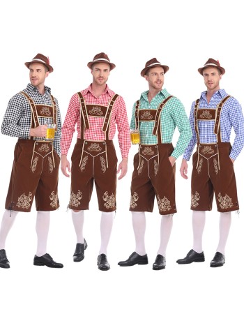 German Traditional Oktoberfest Plaid Shirt Men Beer Suspender Suit Costume YM3645