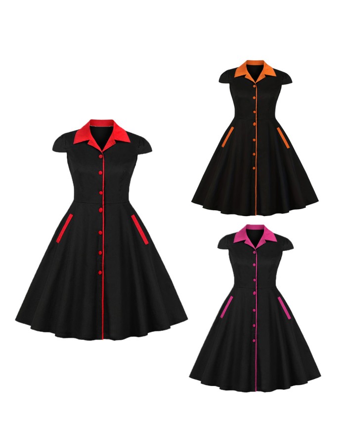 5XL Big Size Elegant Ladies Single-Breasted Vintage Pinup Swing Dress 1729A