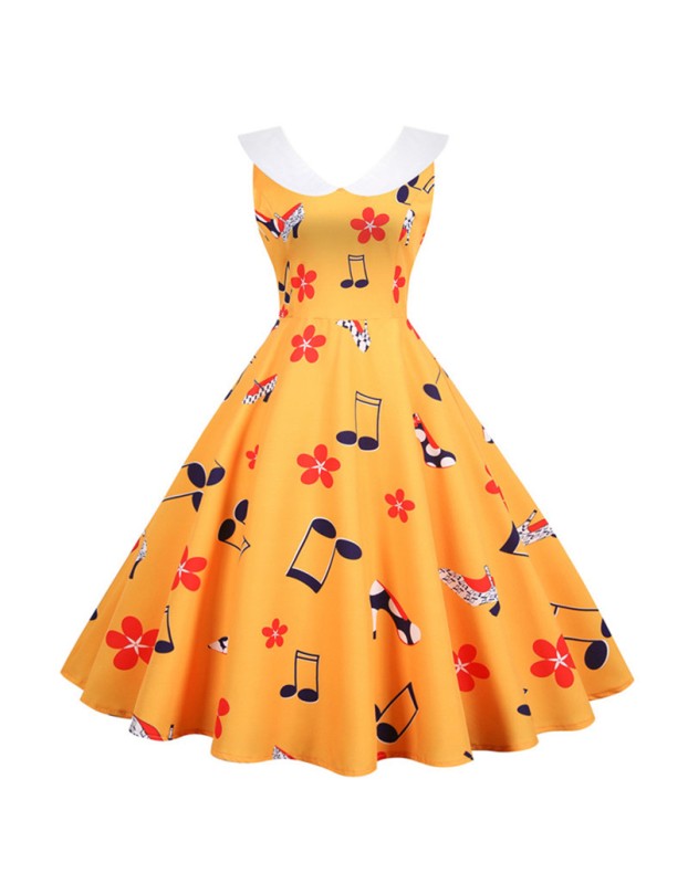 Print Casual Women Summer Doll Collar Slim Bohemian Dress JY15037