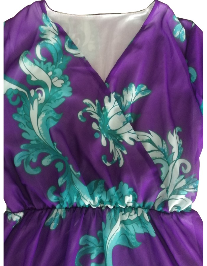 Full Sleeve Belted V-neck Floral Print Boho Chiffon Dress M8450