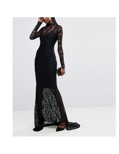 Women's Long Sleeve Black Lace Party Long Dress M18049
