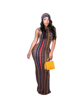 High Stretch Sexy Striped Bodycon Dress With Head Scarf M8288