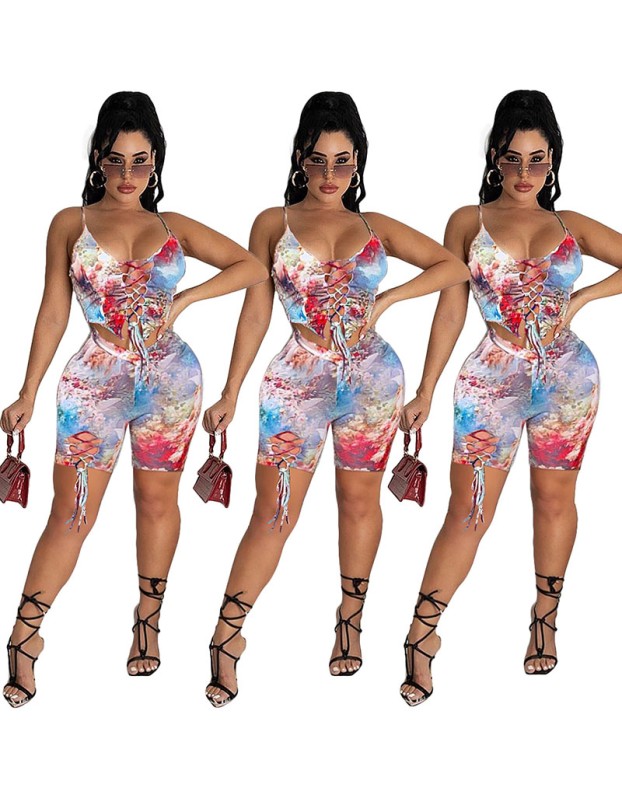 Fashion printing shorts set with hollow out two piece bandage M054