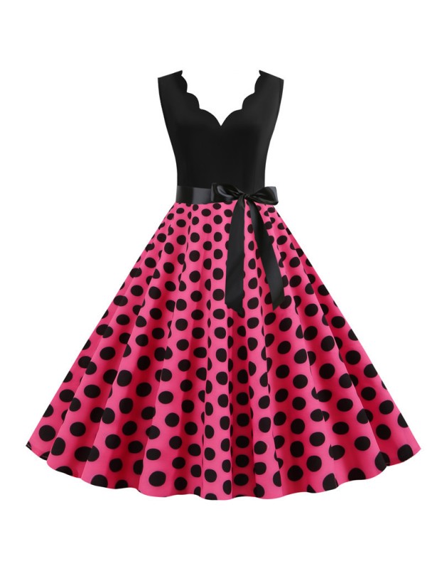 Burnt Polka Print Dot Office Wear Sleeveless V-neck White Dress JY14721