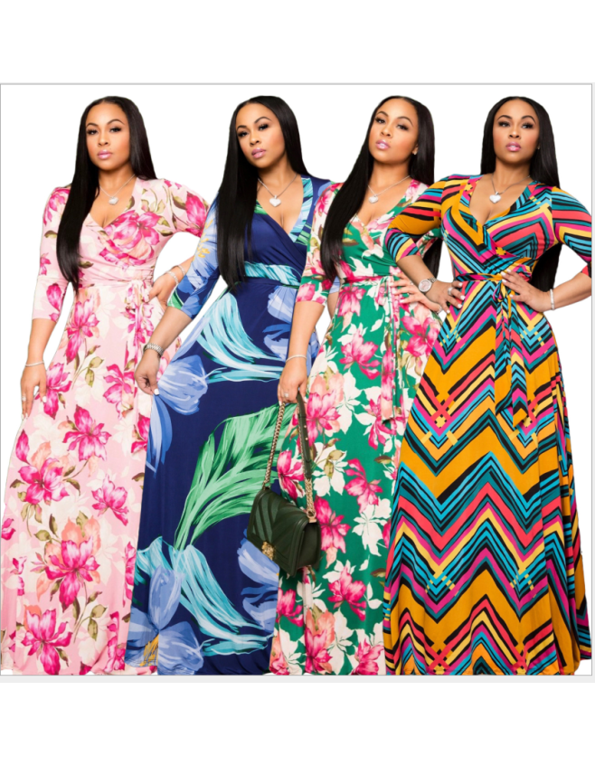 Sexy V-neck beautifully printed plus size and floor dress fashion women's clothing M8573
