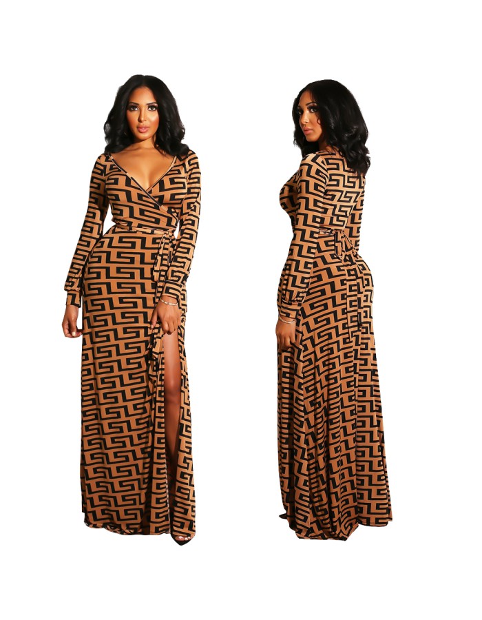 Printed deep v neck long sleeve maxi dress M8300