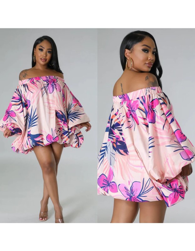 Women New Loose Summer Casual Dress One Shoulder Bat Sleeve Skirt YM8626
