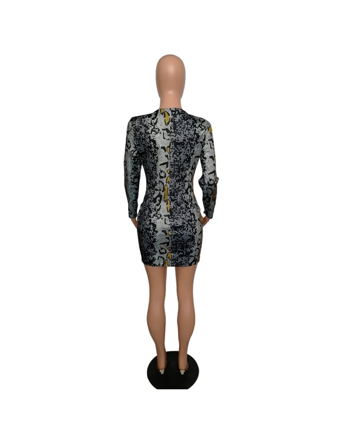 Long Sleeve Snake Print Women Sexy Bodycon Dresses m8337