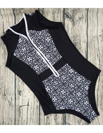 Ladies sexy retro printing zipper bikini V collar one-piece swimsuits