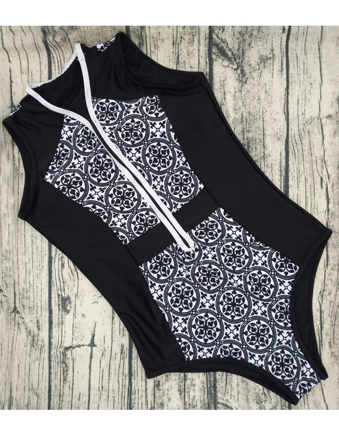 Ladies sexy retro printing zipper bikini V collar one-piece swimsuits