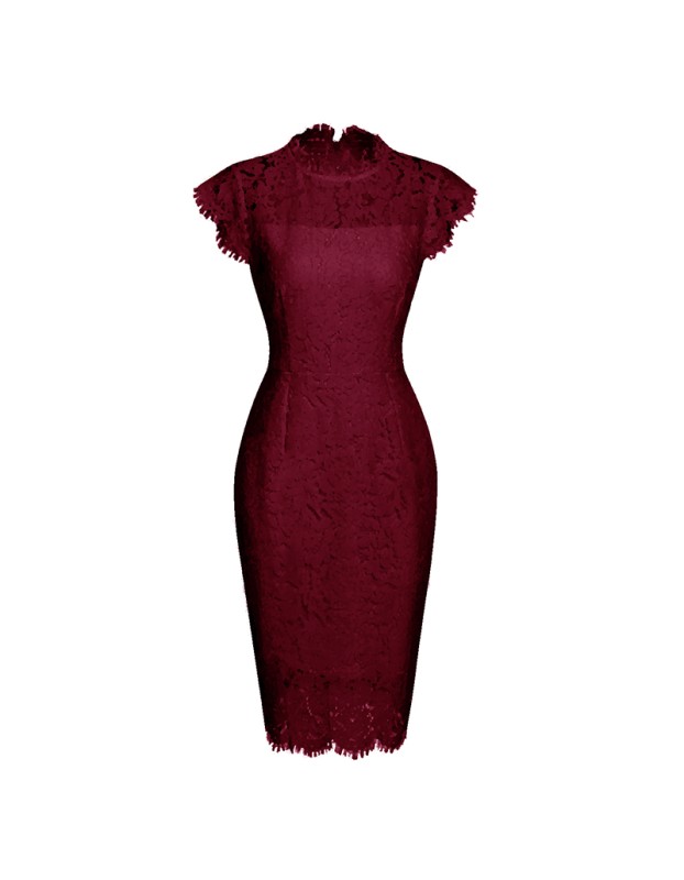 Solid Color Temperament Round Neck Sexy Lace Slim And Hip Wrap Pencil Dress CD127