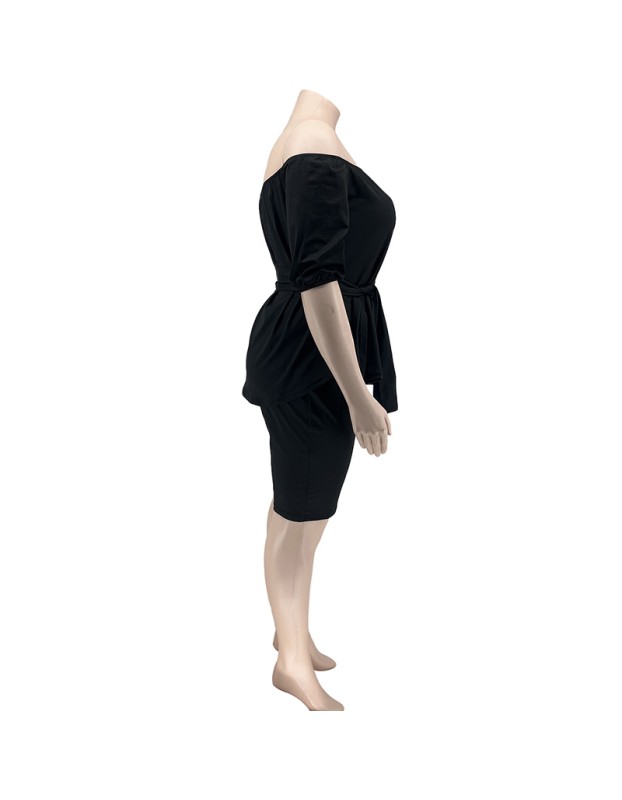 Solid Color Plus Size Women's Independent Stand One Shoulder Two Piece Set YM8627