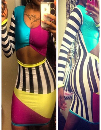 Stripe Hollow Out Long Sleeves Bandage Adult Bodycon Dress M3827