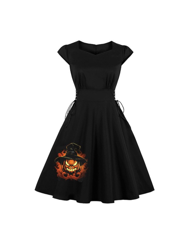 2023 Hepburn Style Embroidery Halloween Big Swing Crew-neck Vintage Dress 1986
