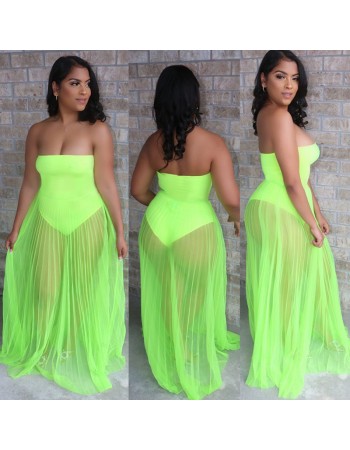 see-through with wrapped chest multicolor strapless summer net dress M30167