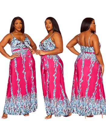 Hot Women Print Halter Cross V-neck Long Dress 9406