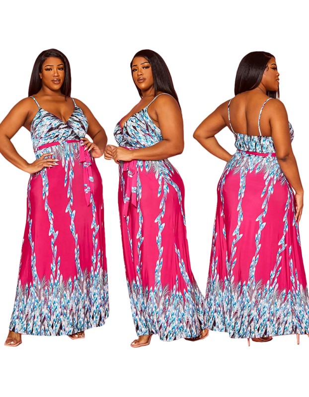 Hot Women Print Halter Cross V-neck Long Dress 9406
