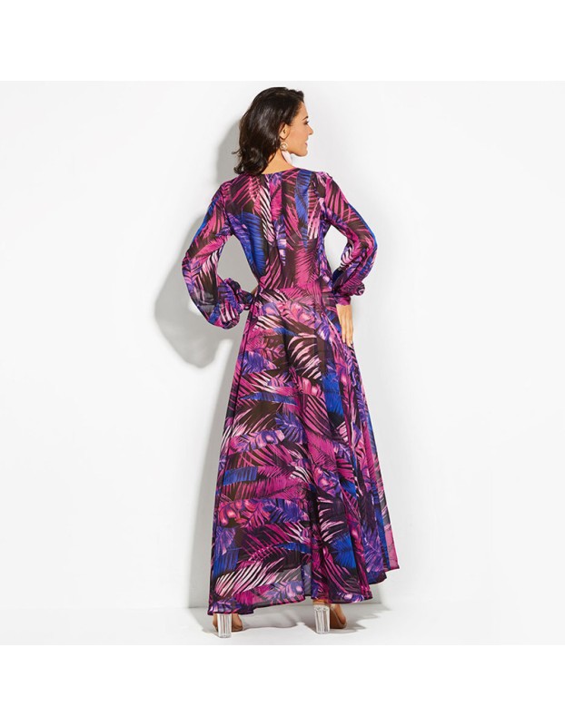 Summer long sleeve V-neck green leaf print maxi dress M8389