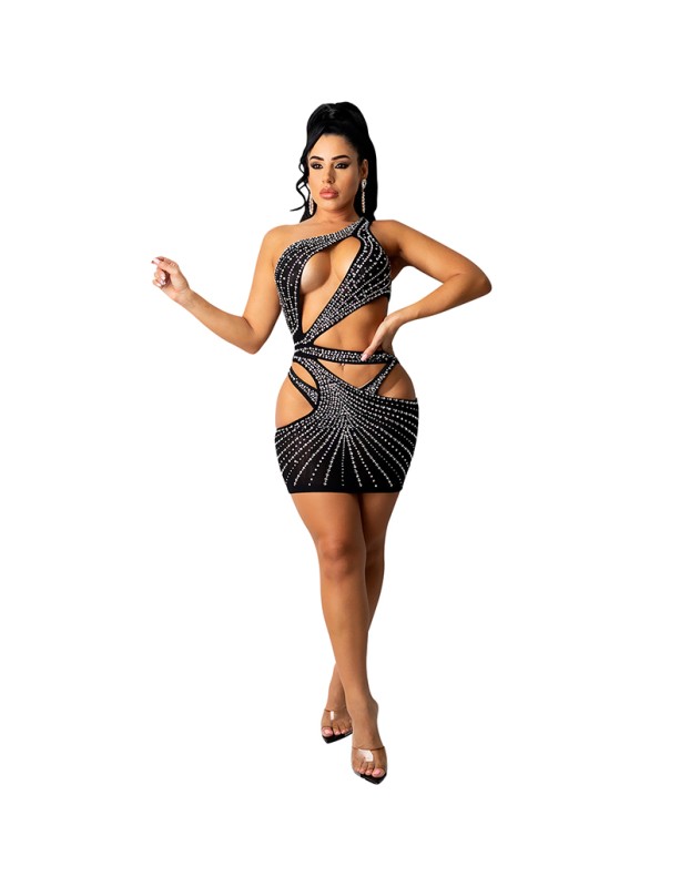 One Shoulder Skirt Evening Sexy Mesh Cut Out Dresses X5283