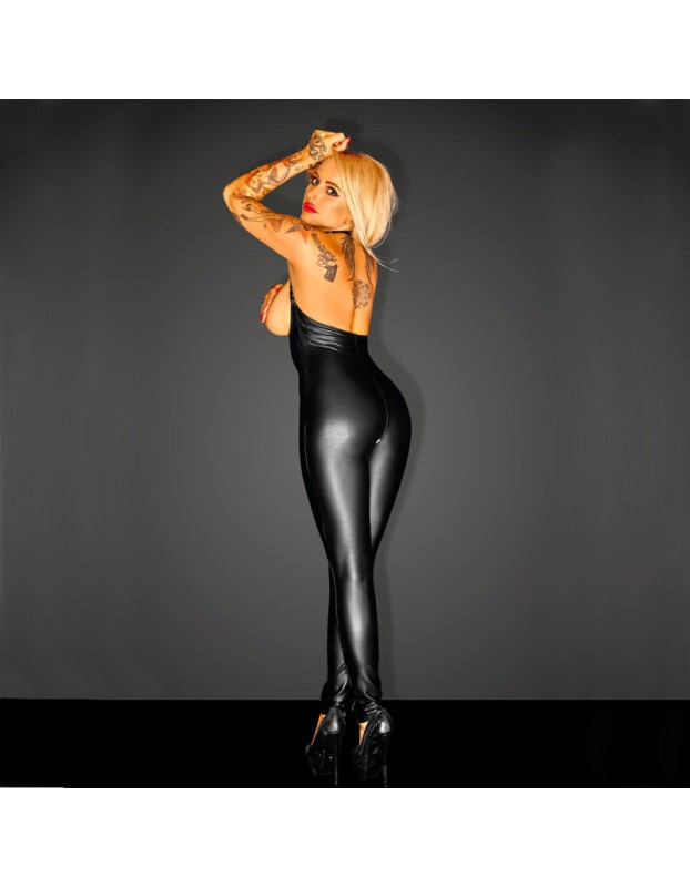 Faux Leather Halter Neck Zipper Open Bust Catsuit X6662