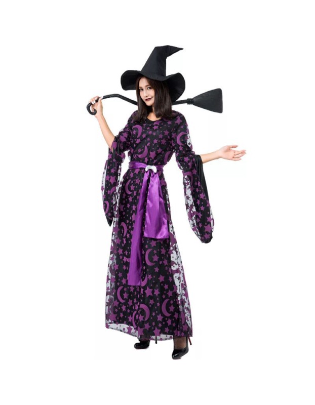 Print Funny Magic Broom Witch Cosplay Costume Wizard Jumpsuit Halloween M40768