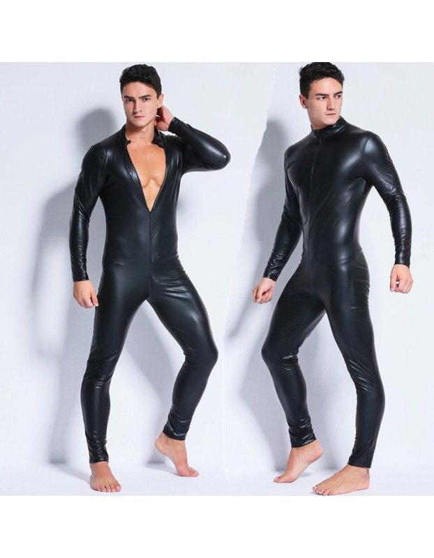 Men's Sexy Wetlook Faux Leather One Piece Skin Bodysuit Open Crotch Tights Catsuit Zentai M6721