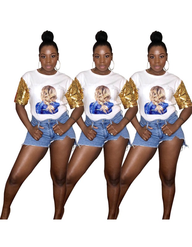 Women Tops Summer Short Sleeve Sequins T-Shirts M8443