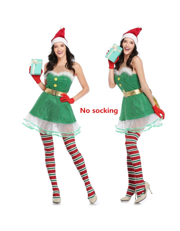Sexy Off Shoulder Santa Claus Green Sequin Elf Xmas Costume M21945