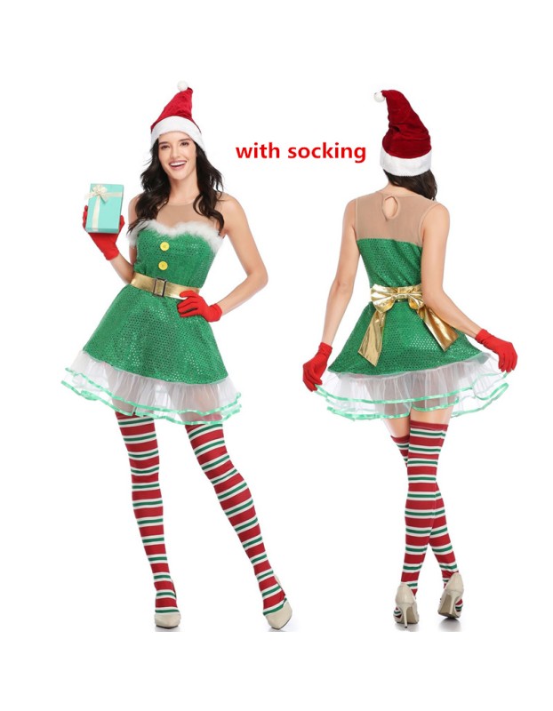 Sexy Off Shoulder Santa Claus Green Sequin Elf Xmas Costume M21945