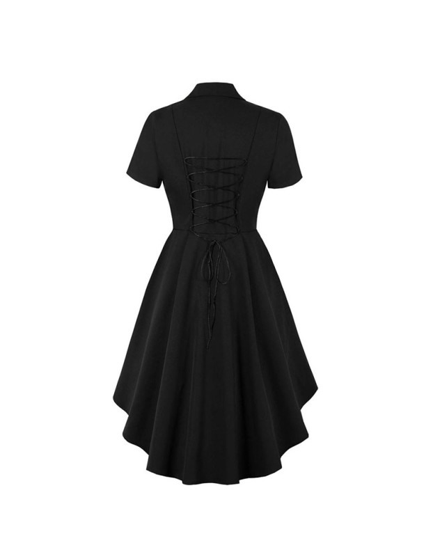 Vintage Short-Sleeved Women's Waist Slim-Fit Irregular Dress Black Witch Dress A9066