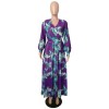 Full Sleeve Belted V-neck Floral Print Boho Chiffon Dress M8450