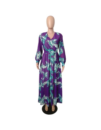Full Sleeve Belted V-neck Floral Print Boho Chiffon Dress M8450