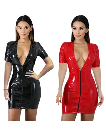 Zipper PU Package Hip Skirt Short Sleeves Leather Corset  V Neck Sexy Dress  51482
