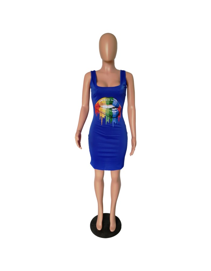 Lips Printed T-Shirt Basic Vest Dress m8441