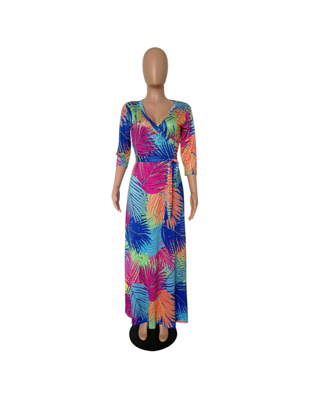 Summer Sexy V Neck Green Palm Leaf Print Holiday Maxi Dress m8408