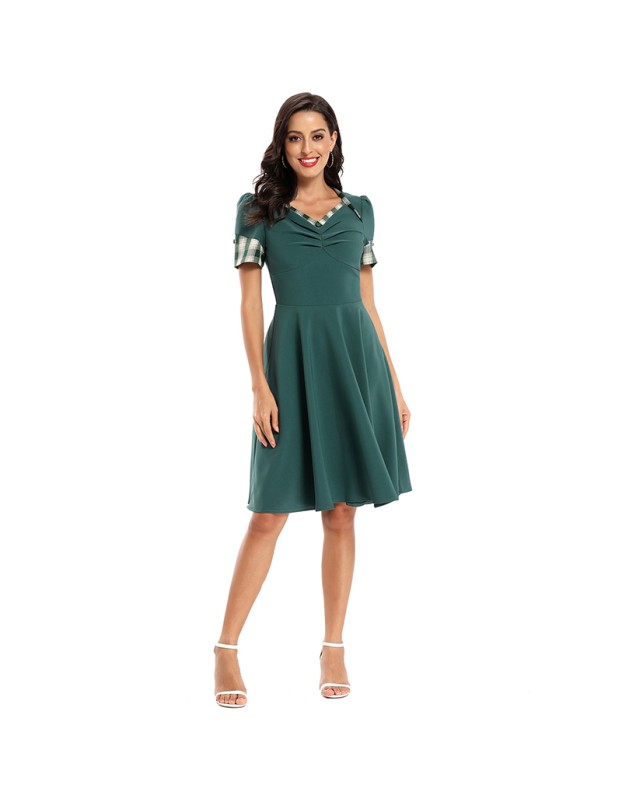 Color Contrast Dark Green Tuck Your Waist And Look Thin Dress Lady CD1769
