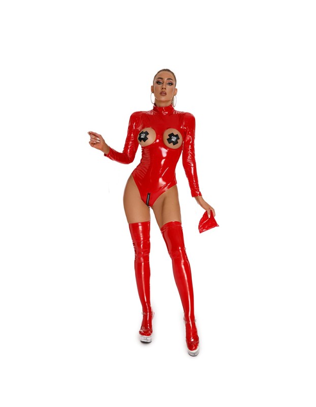 Bright Leather Zipper Punk Sexy Underwear Open Crotch Women Bodysuit XX6851