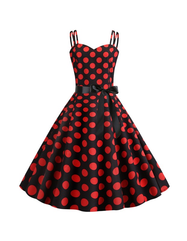 Suspender Retro 50S Black White Dot Party Sexy Trending Dress JY14085