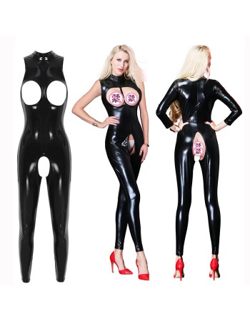 Women Hollowed Out Patent Leather Jumpsuit Club Suit Biker Bodysuit 6757