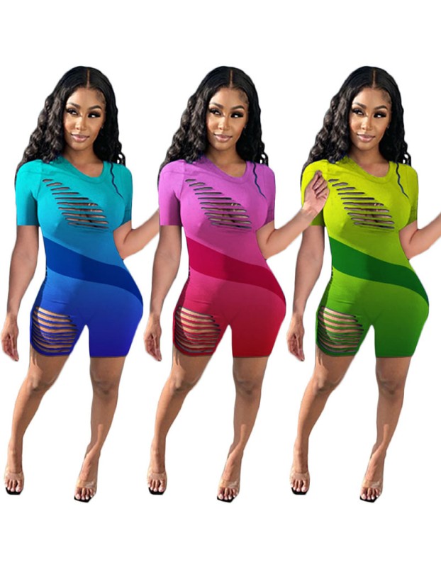 Short Sleeve Gradient Bodycon Rompers Womens Jumpsuit M064
