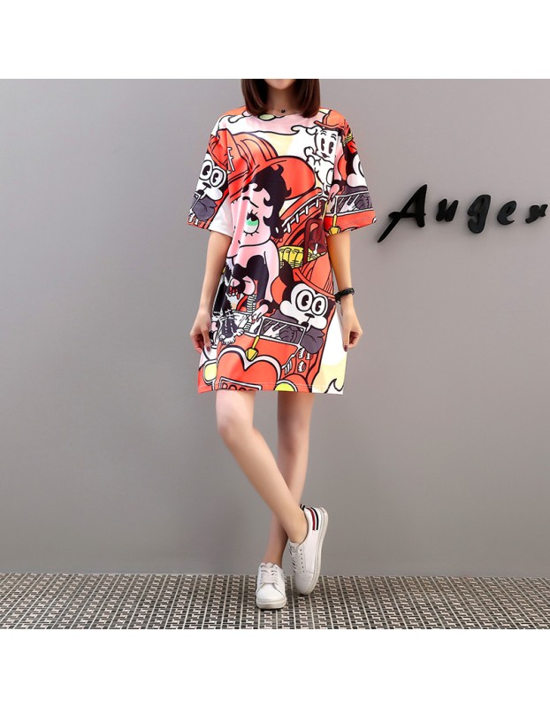 Women Summer Cartoon Print T-Shirts Dress M8341