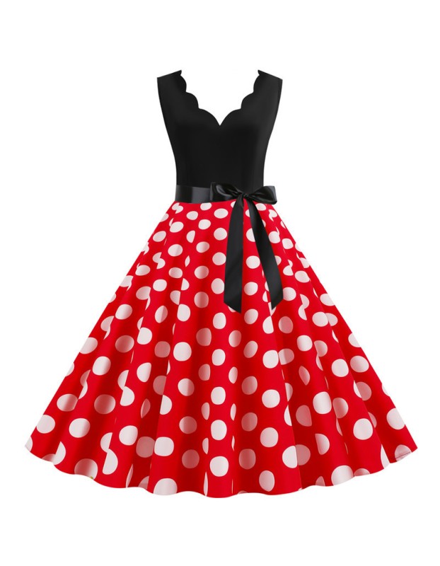 Burnt Polka Print Dot Office Wear Sleeveless V-neck White Dress JY14721