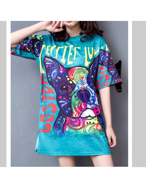 Women Summer Cartoon Print T-Shirts Dress M8341