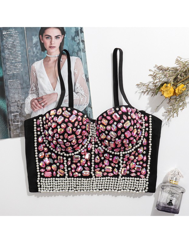 Nailed Beaded Suspenders Sexy Bright Drill Bra Support Body Shaping Top KN8813