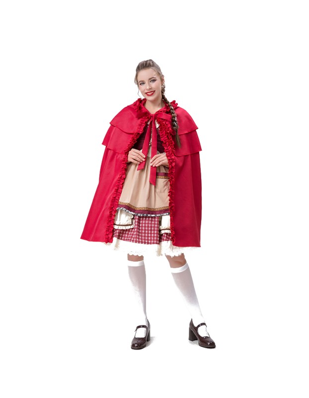 Halloween Maid  Adult Red Plaid Dress Cosplay Red Cape Play Costume YM8735