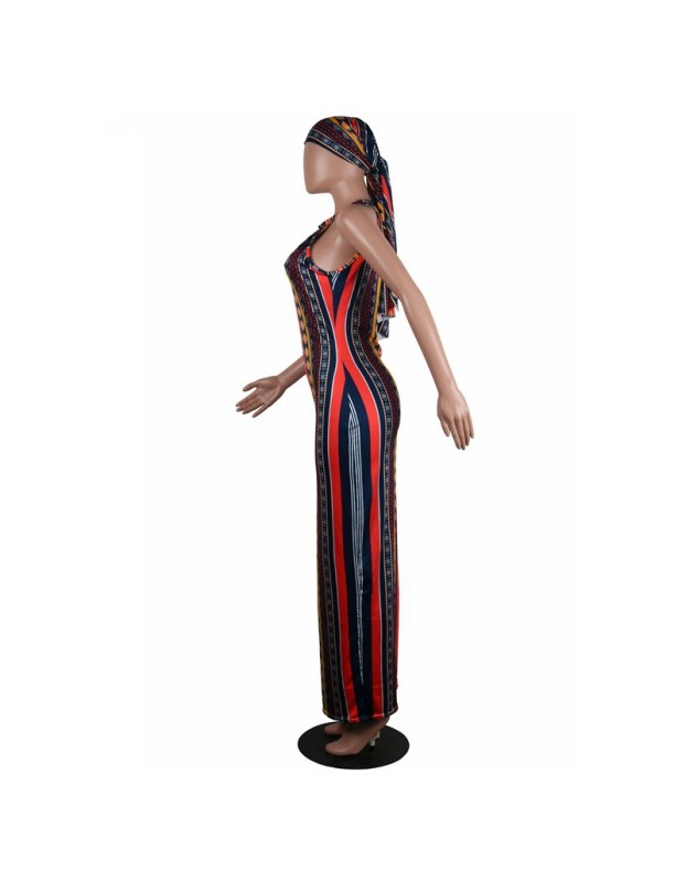 High Stretch Sexy Striped Bodycon Dress With Head Scarf M8288