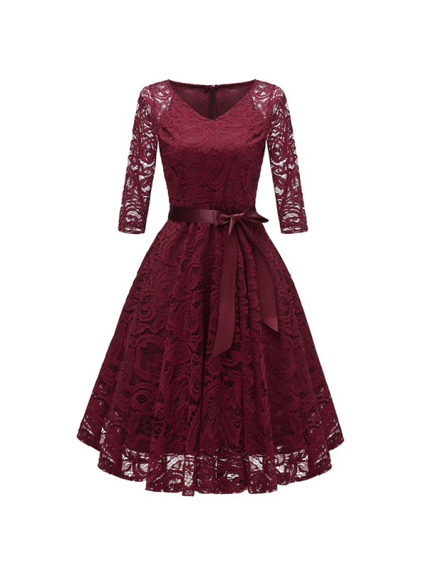 Ladies Casual Long-Sleeve Wedding Guest V-Collar Lace Girl Dress CD1592-1