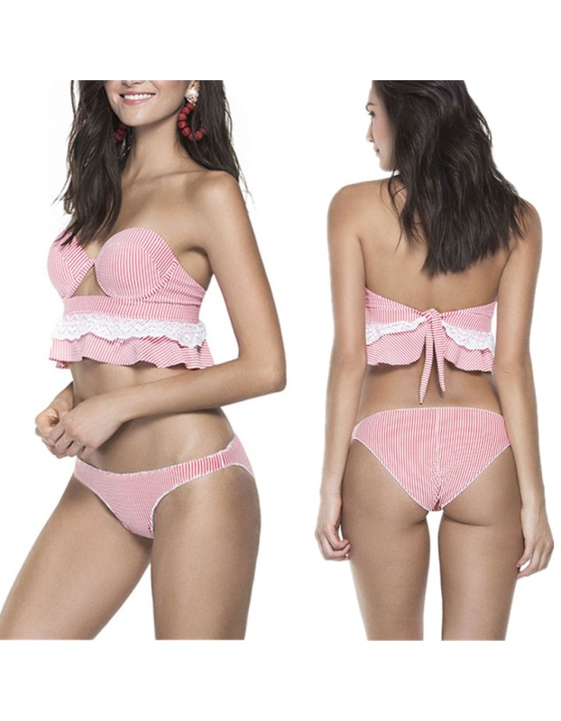 Sexy Pink Striped Lace Two Piece Swimwear Set m11856